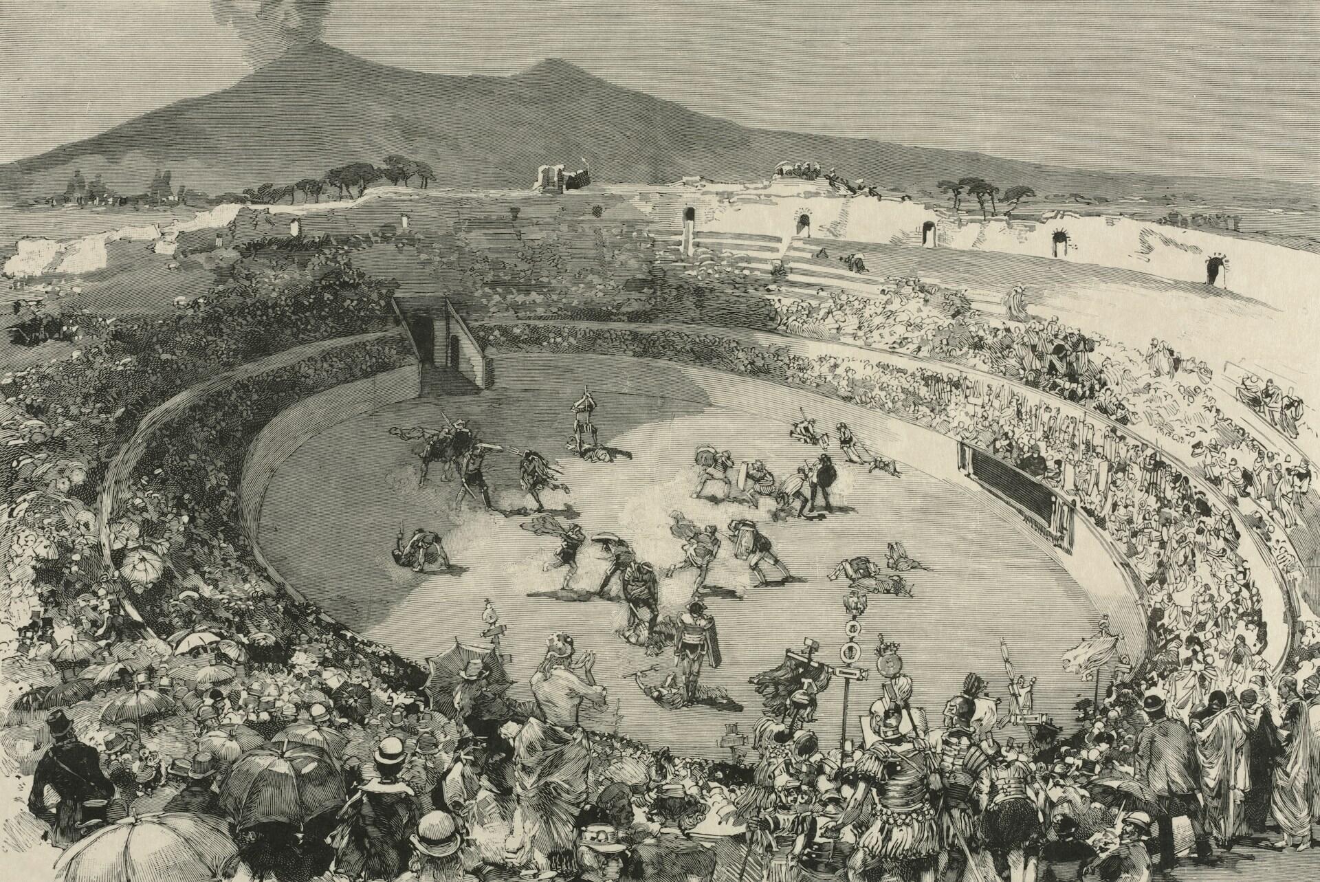 Eine Bleistift-Zeichnung von einem Gladiatorenkampf mit vielen Zuschauern.