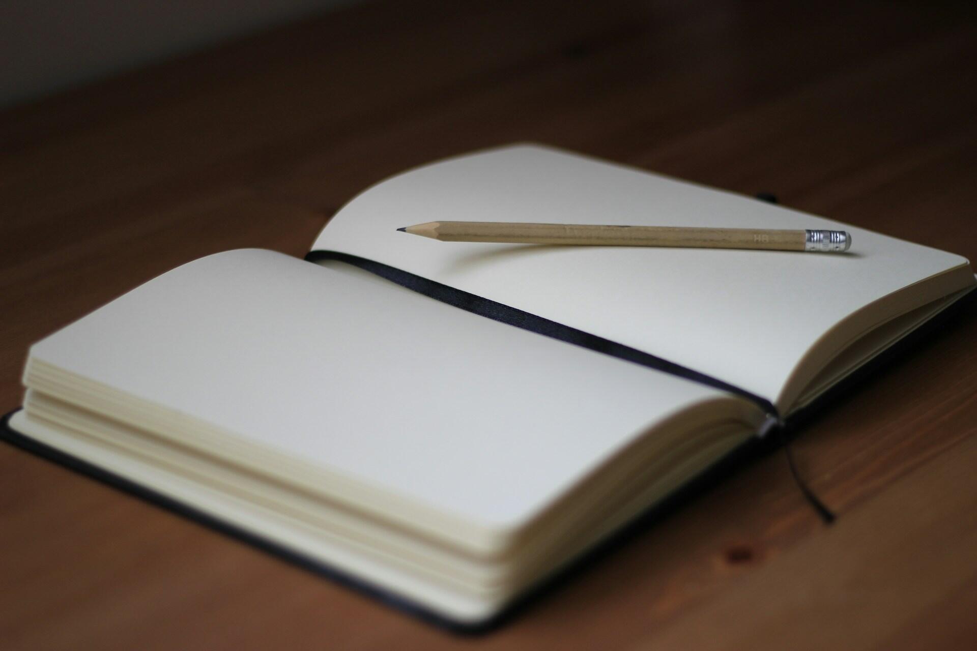 Blauer Bleistift auf geöffnetem Buch.