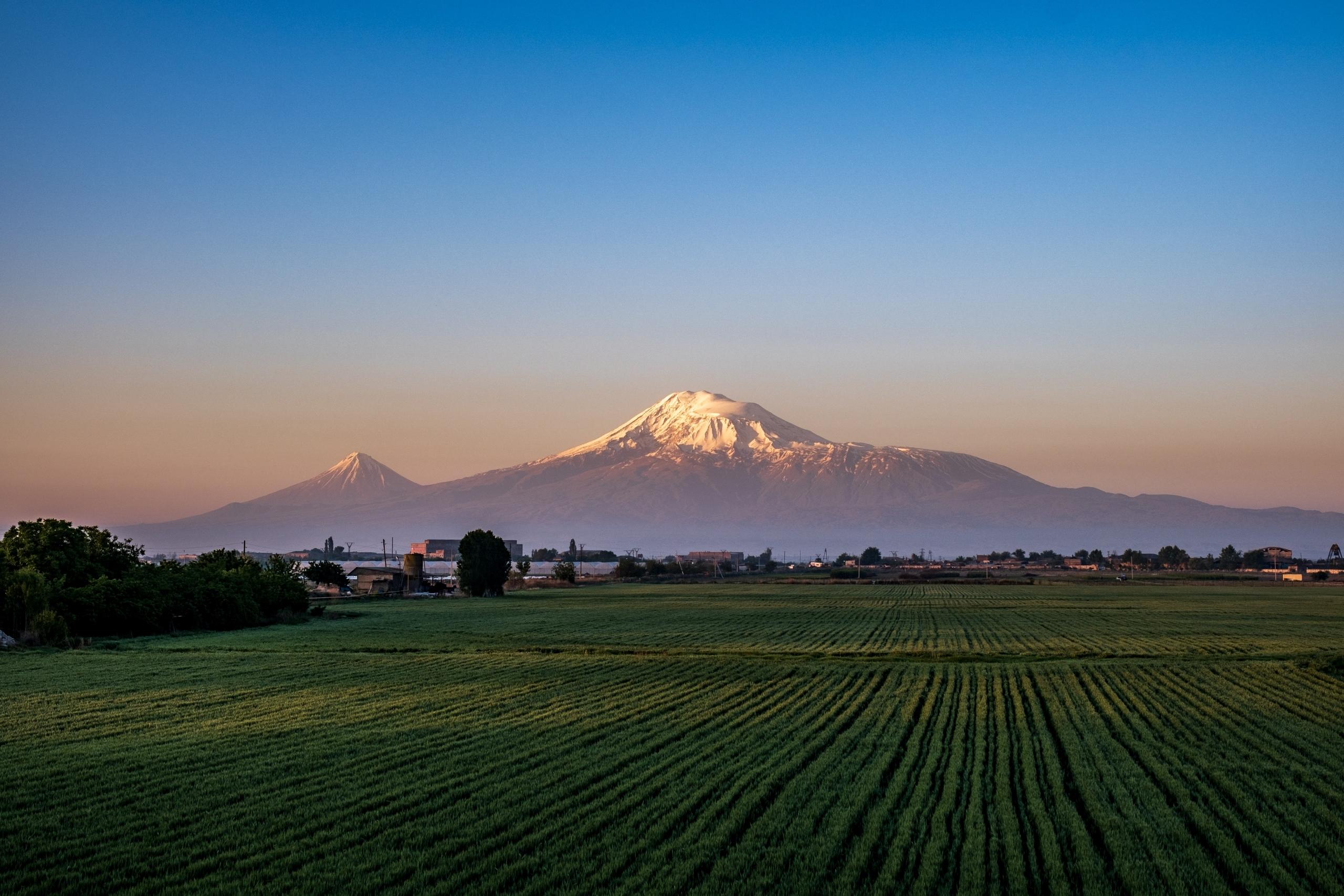 Berg mit weißer Spitze vor grünem Feld.