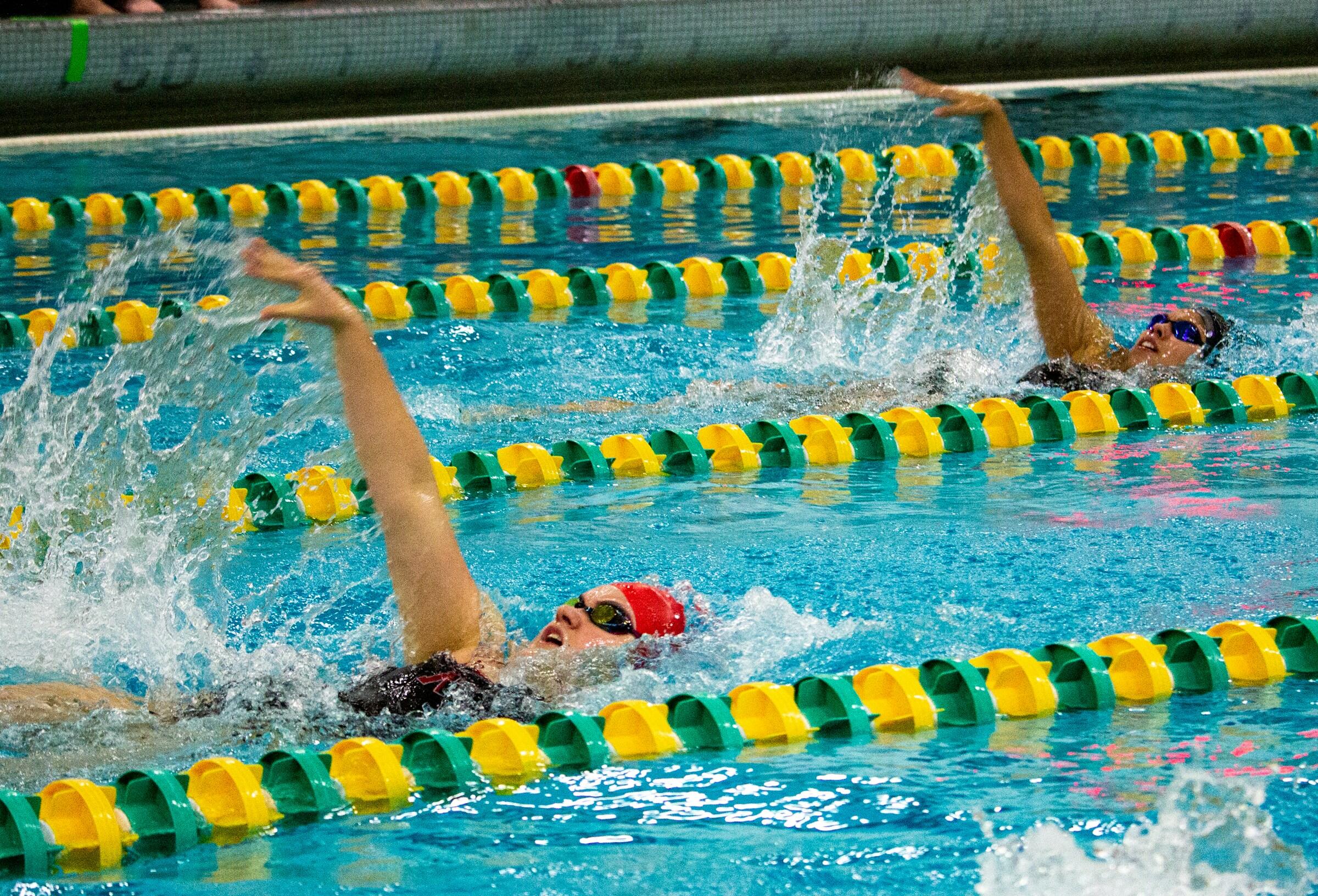 Mehrere Schwimmer beim Rückenschwimmen.