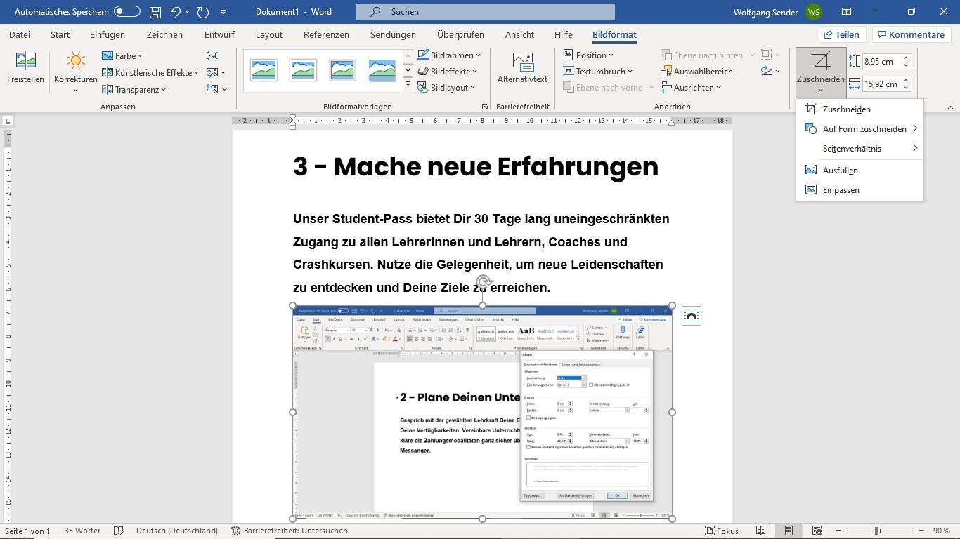 Screenshot im Bereich Word Formatierung Bild einfügen