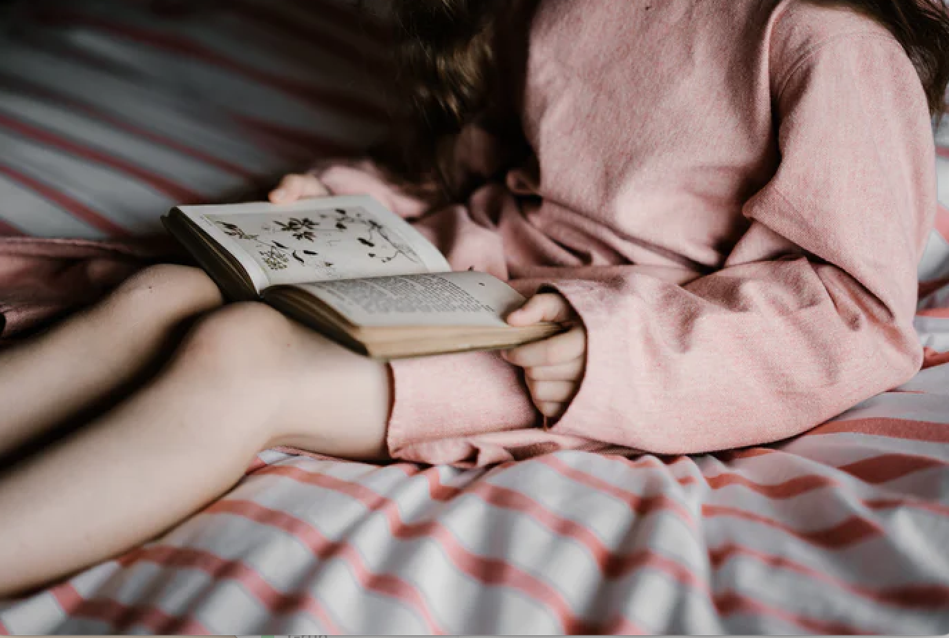 Ein Kind sitzt auf dem Bett, auf dem gestreifte Bettwäsche ausgebreitet ist, und sieht sich ein kleines altes Buch mit Text und Zeichnungen von Pflanzen an. Was Dein Kind lesen sollte, entscheidet ihr zusammen.