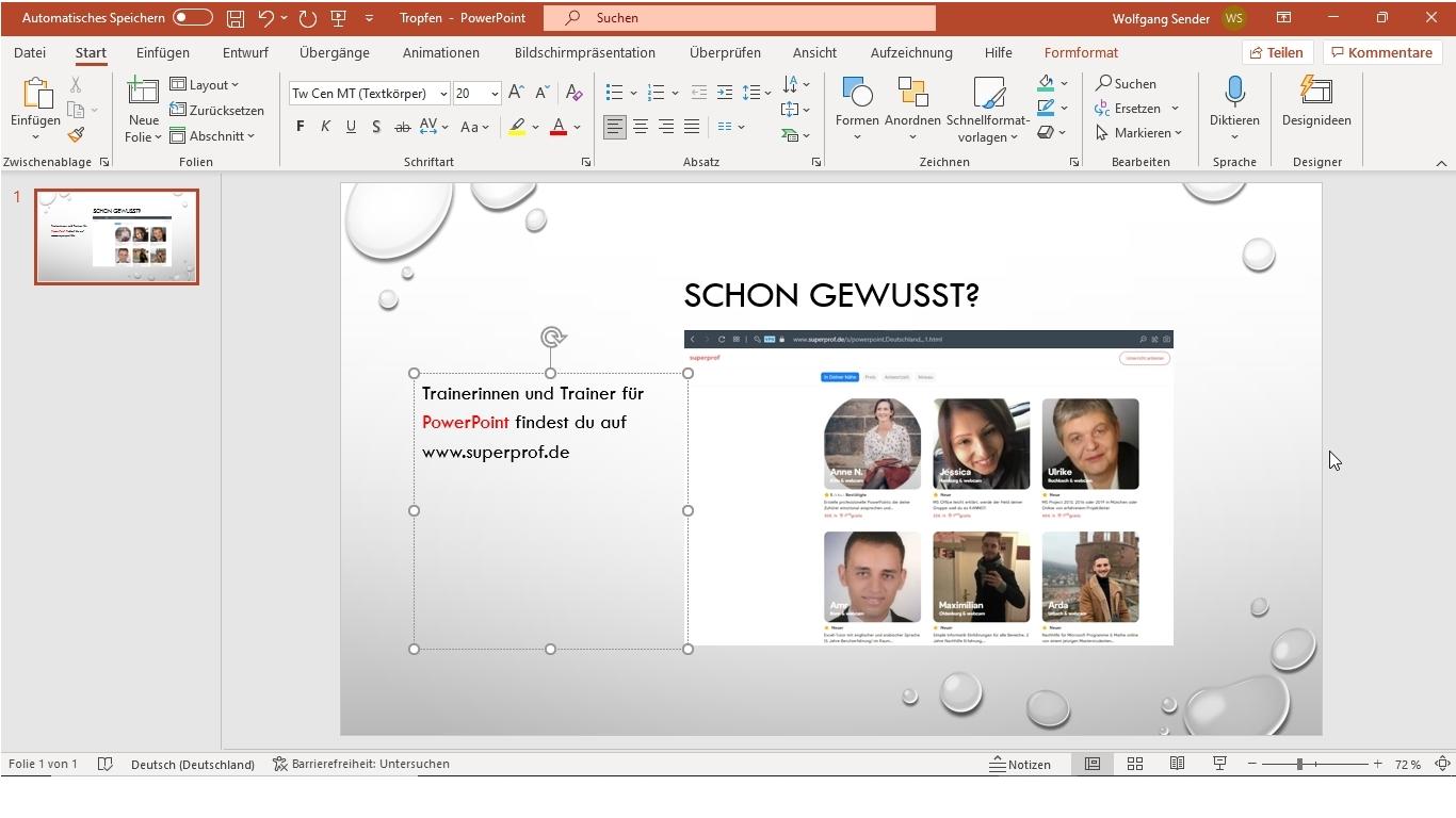 Screenshot mit einer Website von Superprof
