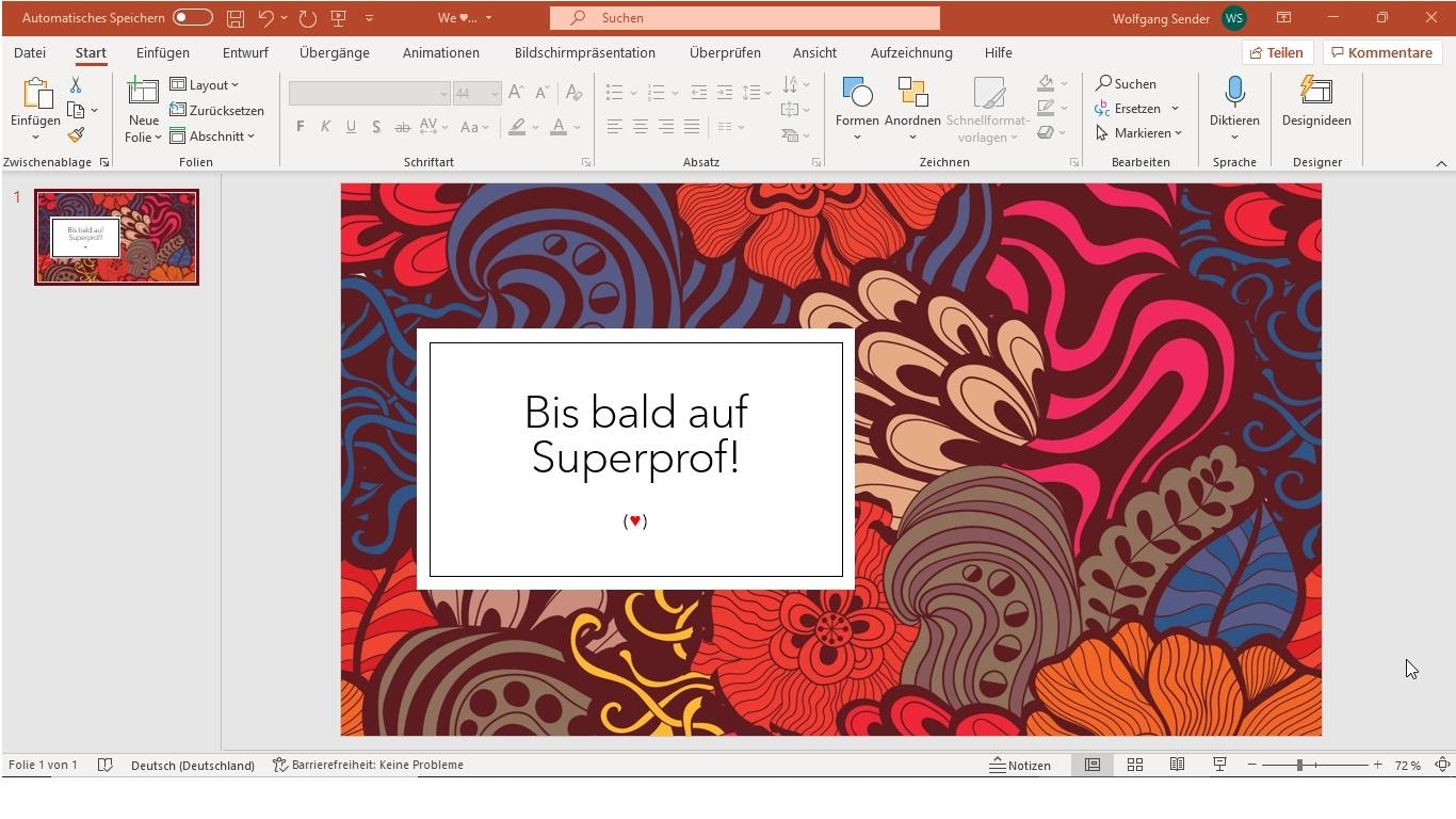 Ein Bildschirmfoto von Powerpoint mit dem Text "Bis bald auf Superprof"