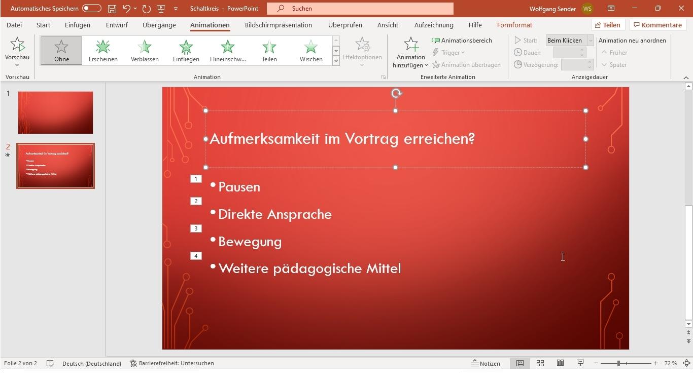 Bildschirmfoto aus PowerPoint mit der Überschrift "Aufmerksamkeit im Vortrag erreichen"