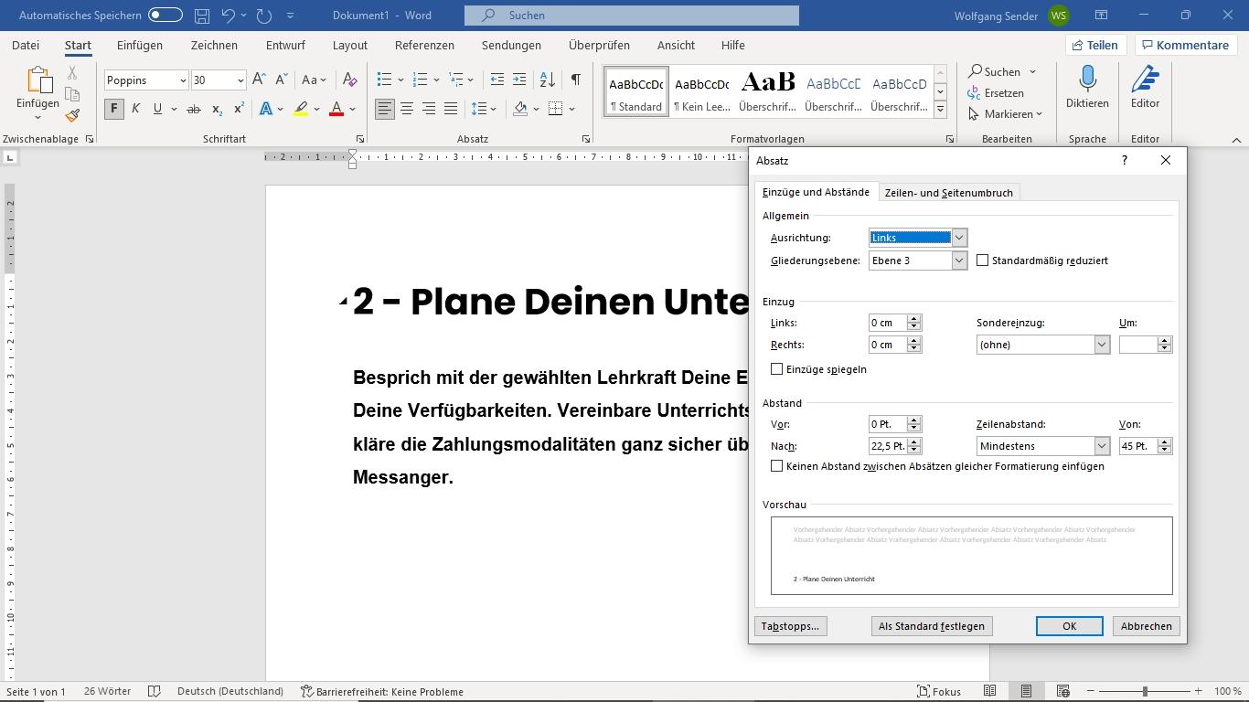 Screenshot im Bereich Word Formatierung Absatz