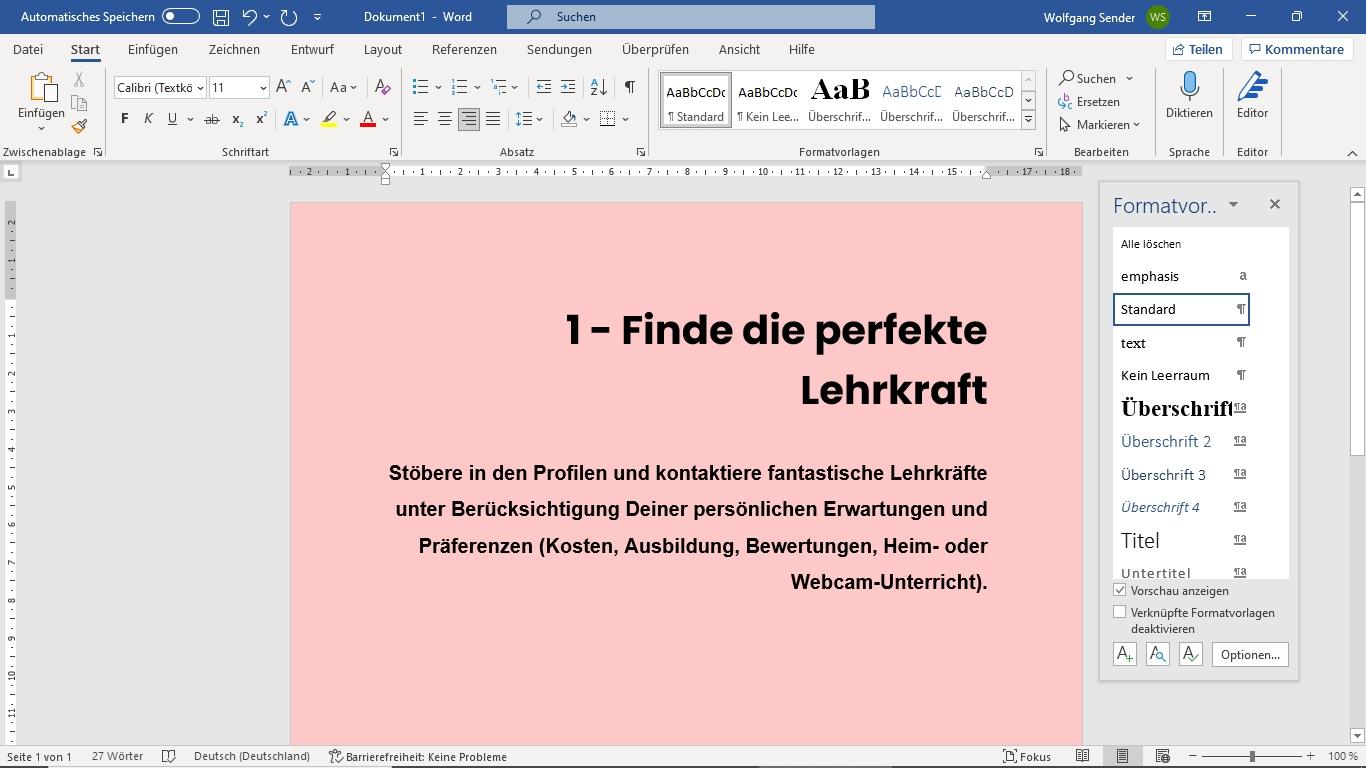 Screenshot im Bereich Word Formatierung Formatvorlagen