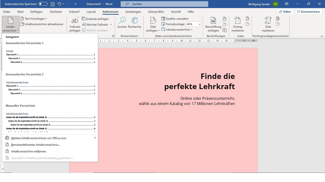 Screenshot im Bereich Word Formatierung Inhaltsverzeichnis.