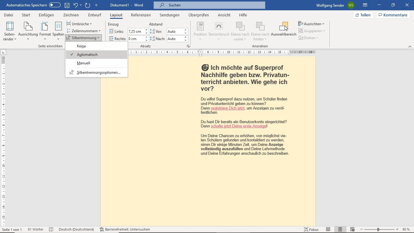 Screenshot im Bereich Word Formatierung Silbentrennung.