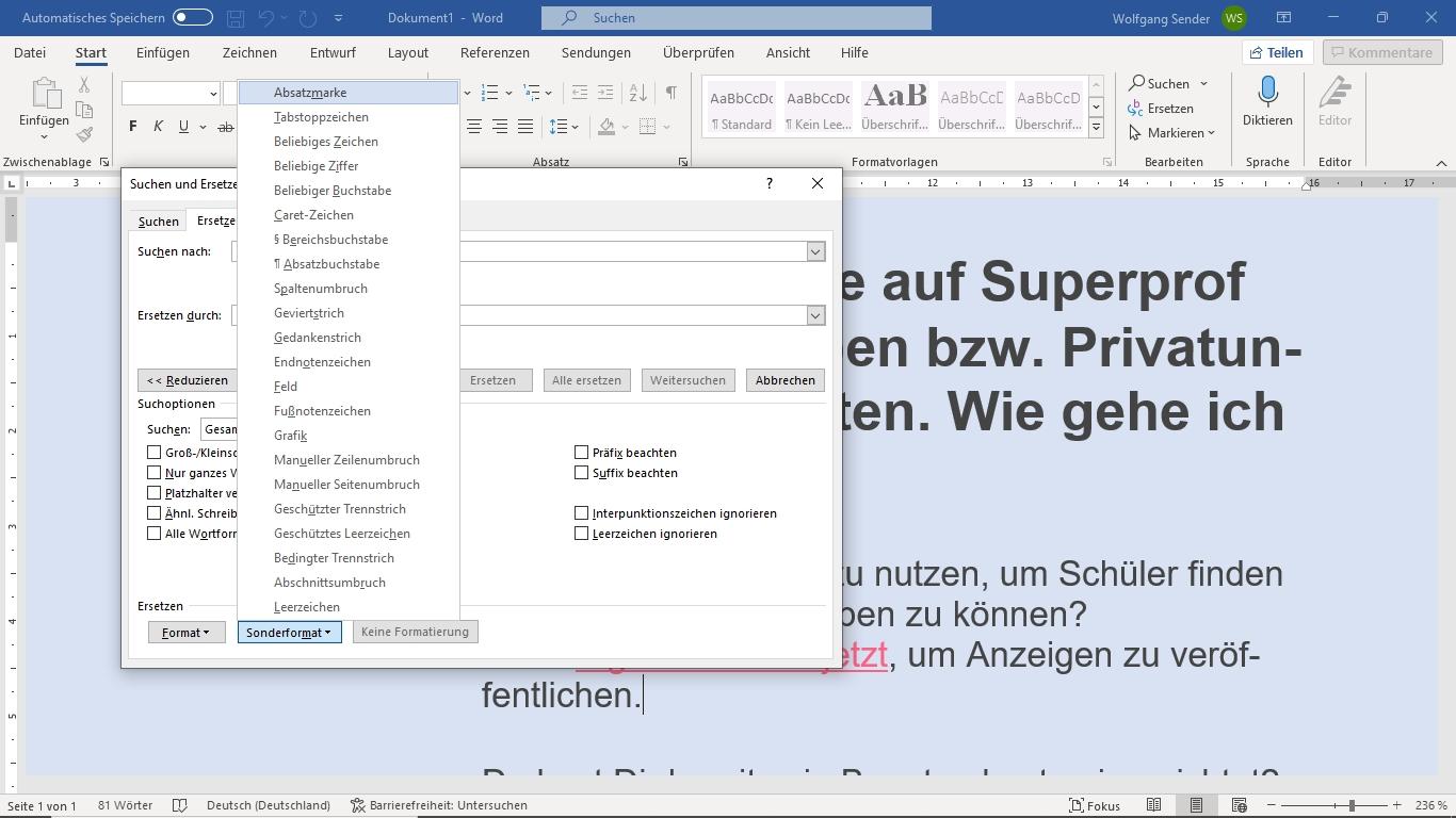 Screenshot zum Thema Word Formatierung Suchen und Ersetzen.