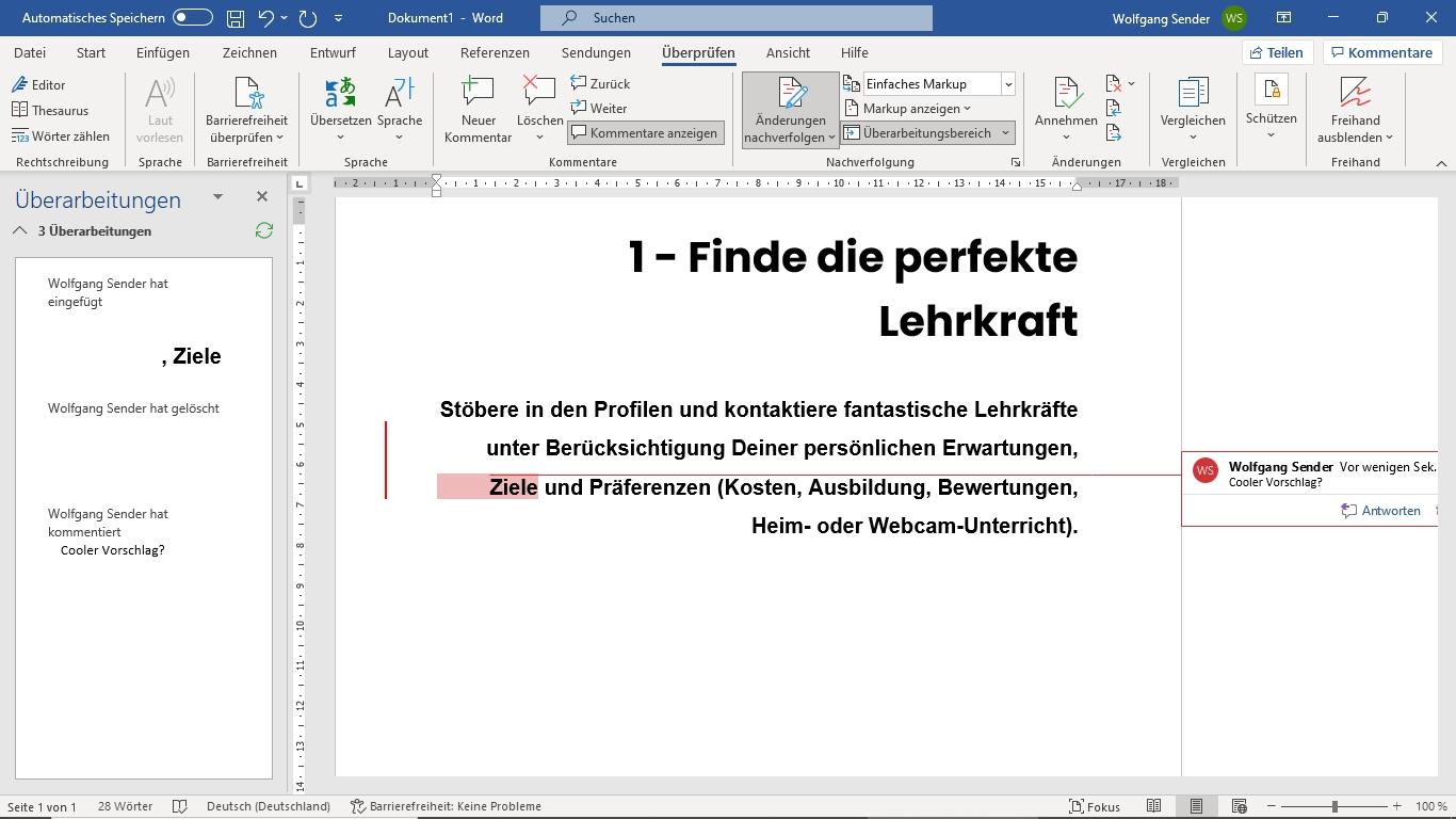 Screenshot vom Änderungsmodus in Word - Willst du die Word Grundlagen lernen?