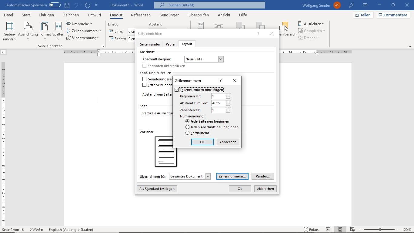 Bildschirmfoto von Microsoft Word zur Funktion Zeilennummern einblenden