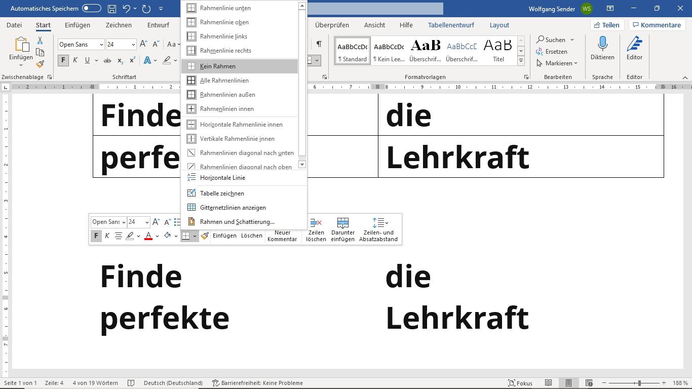 Screenshot im Bereich Word Formatierung Tabellenrahmen.