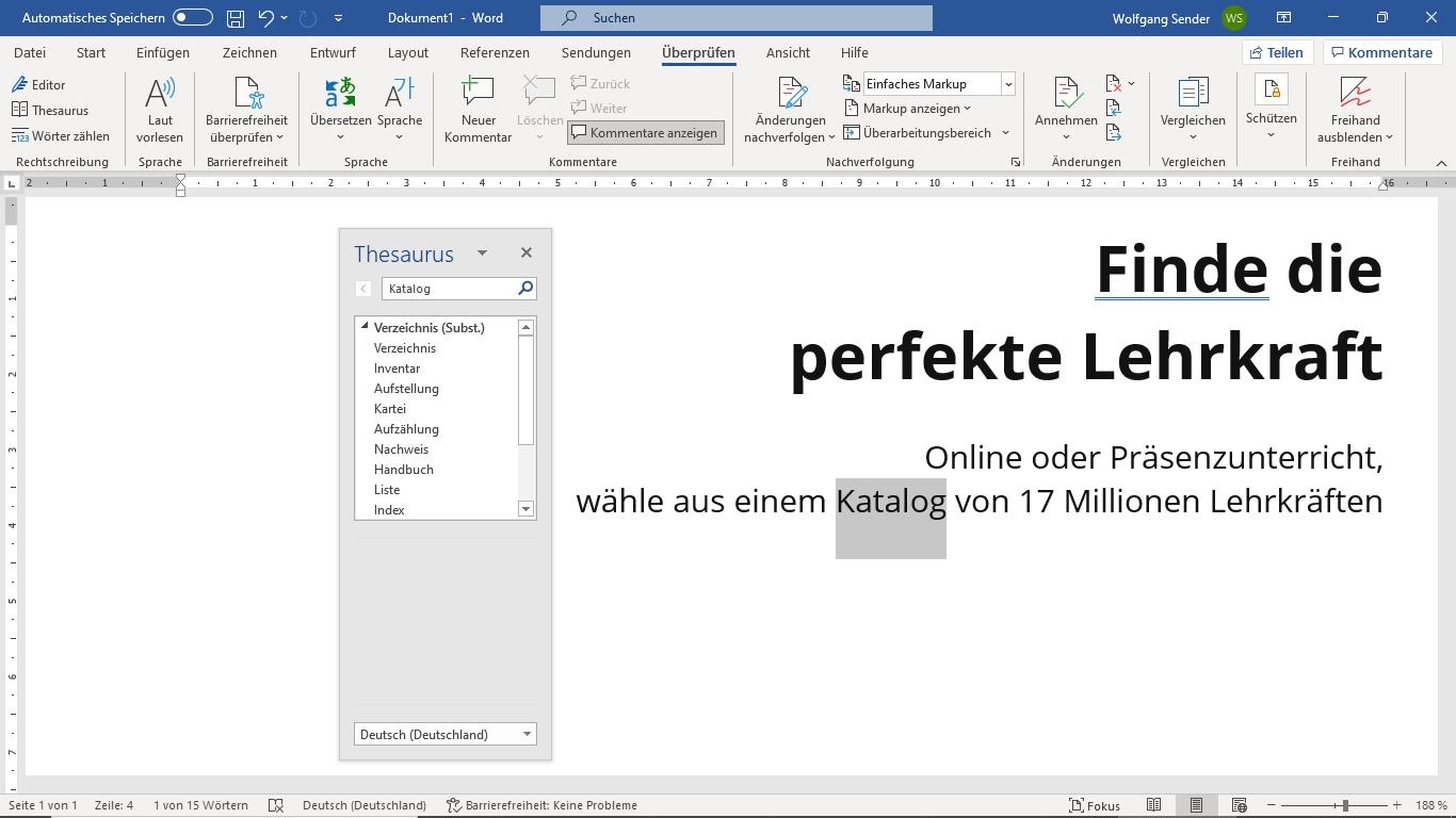 Screenshot Anwendung Microsoft Word Thesaurus 