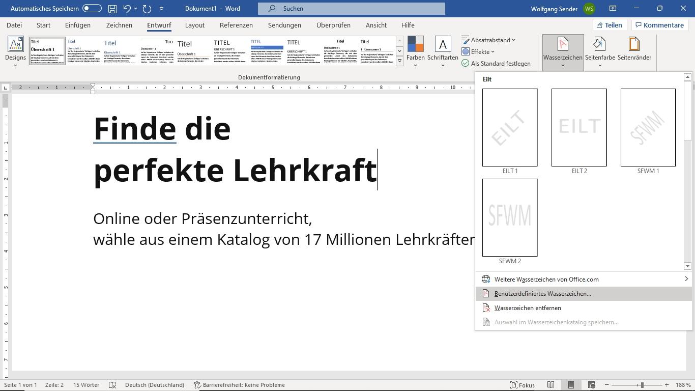 Screenshot im Bereich Word Formatierung Wasserzeichen einfügen.