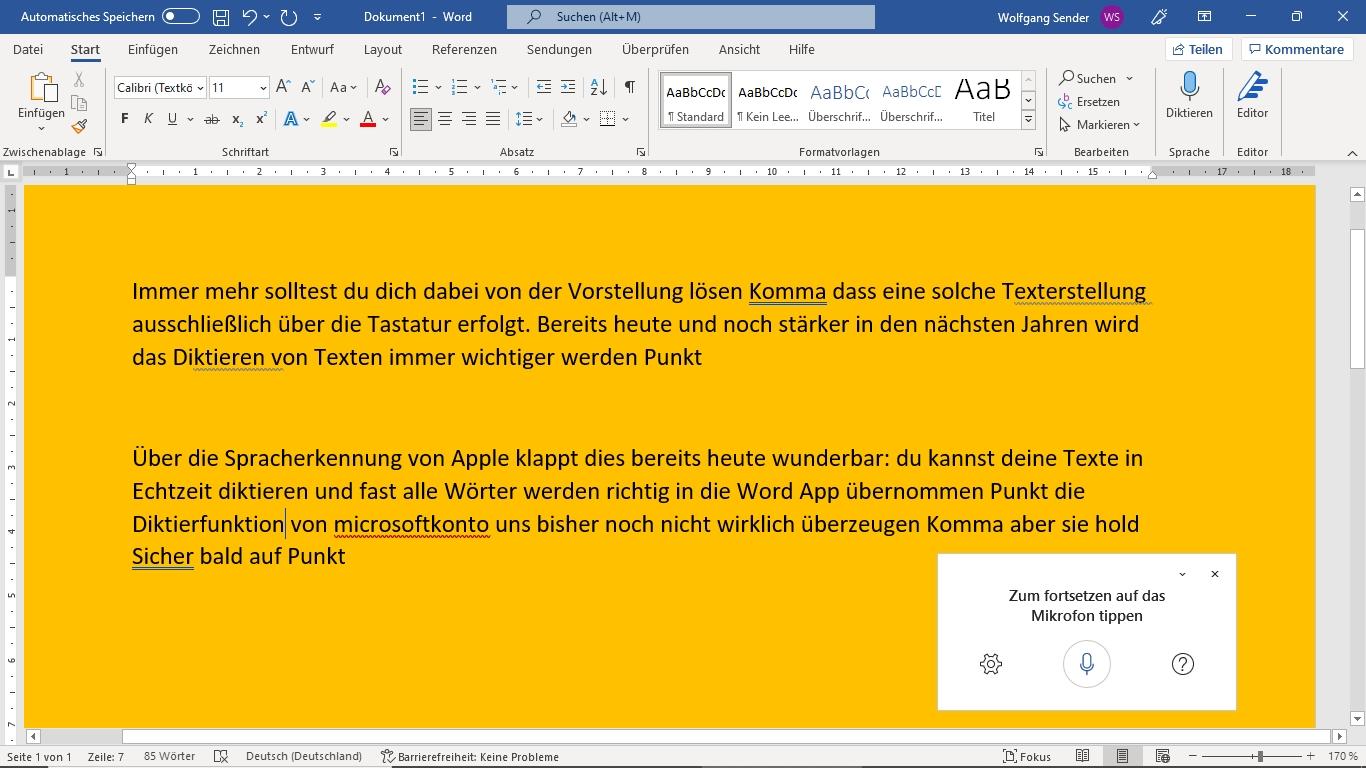 Screenshot zur Diktierfunktion von Microsoft Word