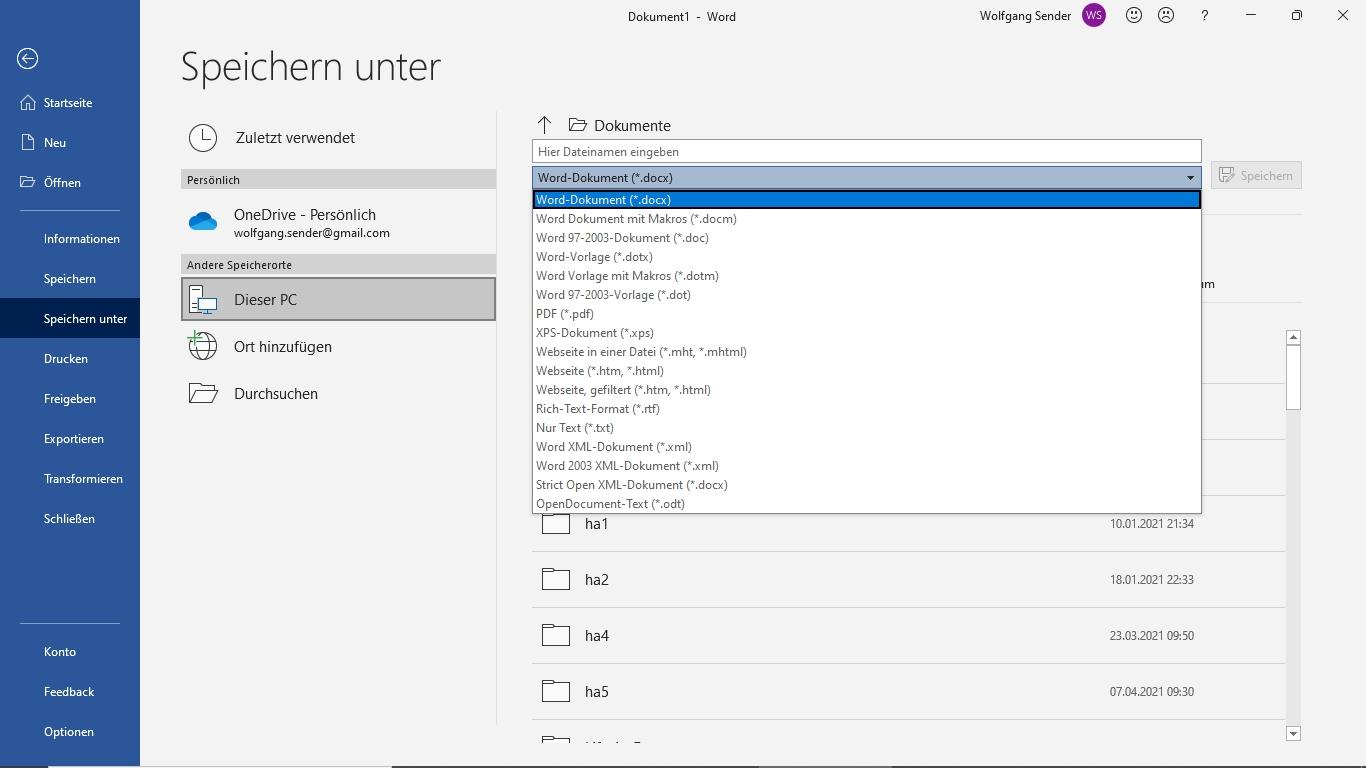 Bildschirmfoto zur Funktion PDF speichern in Word