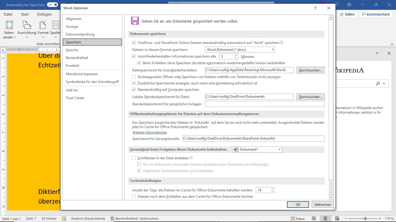 Bildschirmfoto zum Speichern von Dokumenten in Microsoft Word