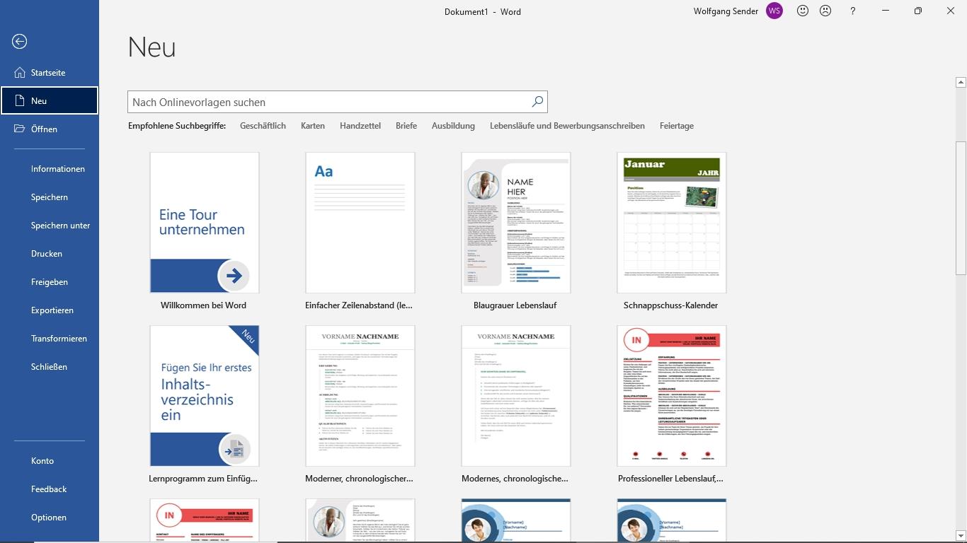 Bildschirmfoto der Vorlagen-Auswahl von Microsoft Word