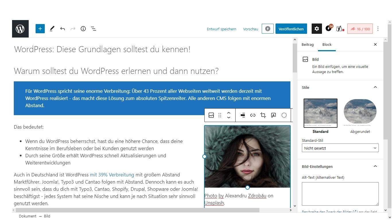 Screenshot des WordPress Editors mit einem Beispieltext