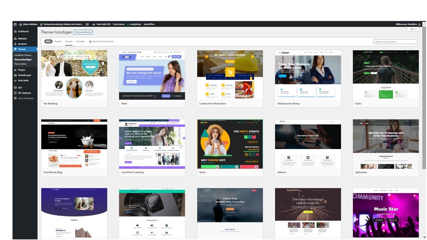 Screenshot einer Seite aus WordPress zum Installieren von Themes