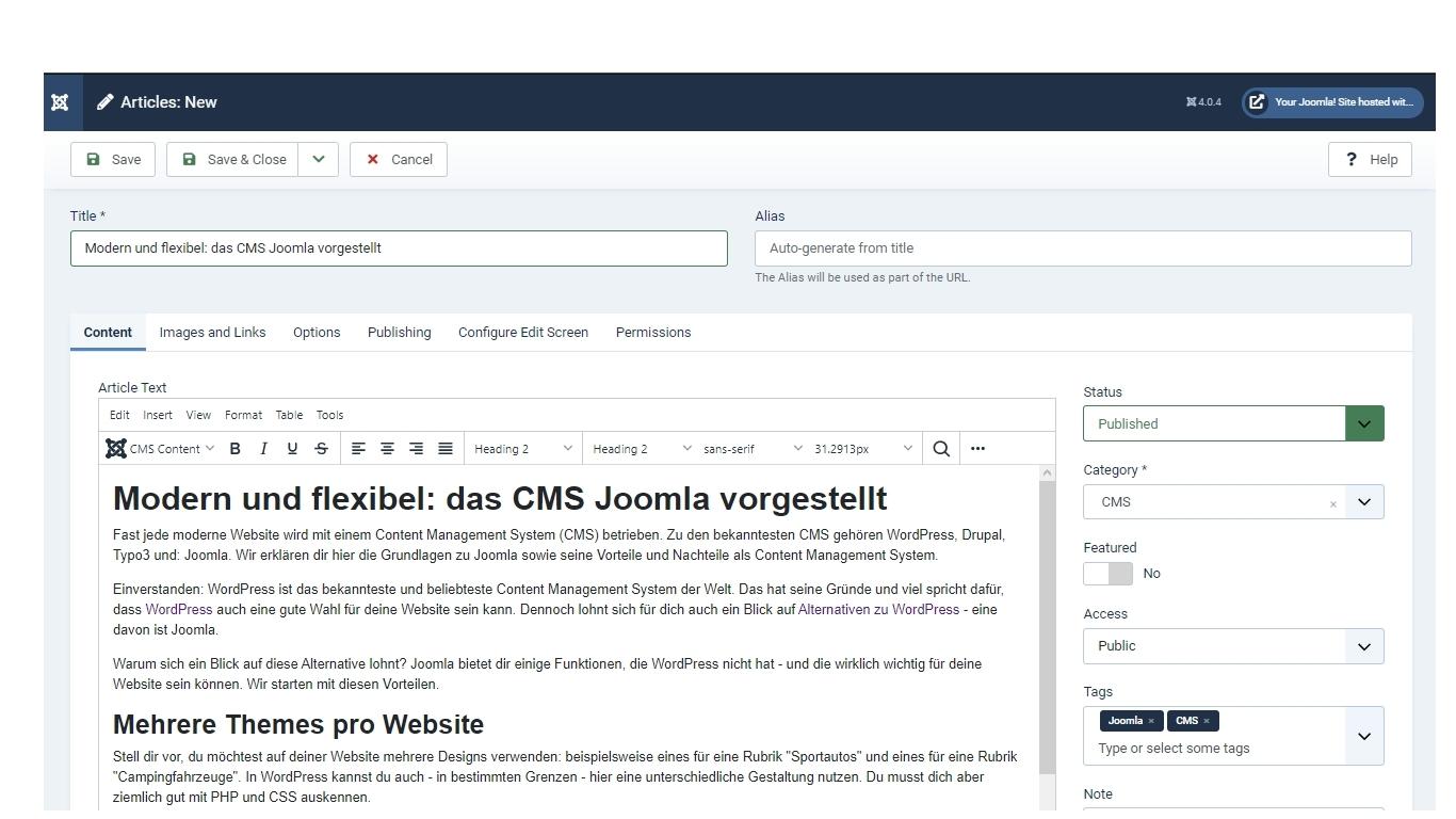 Bildschirmfoto des Editors von Joomla