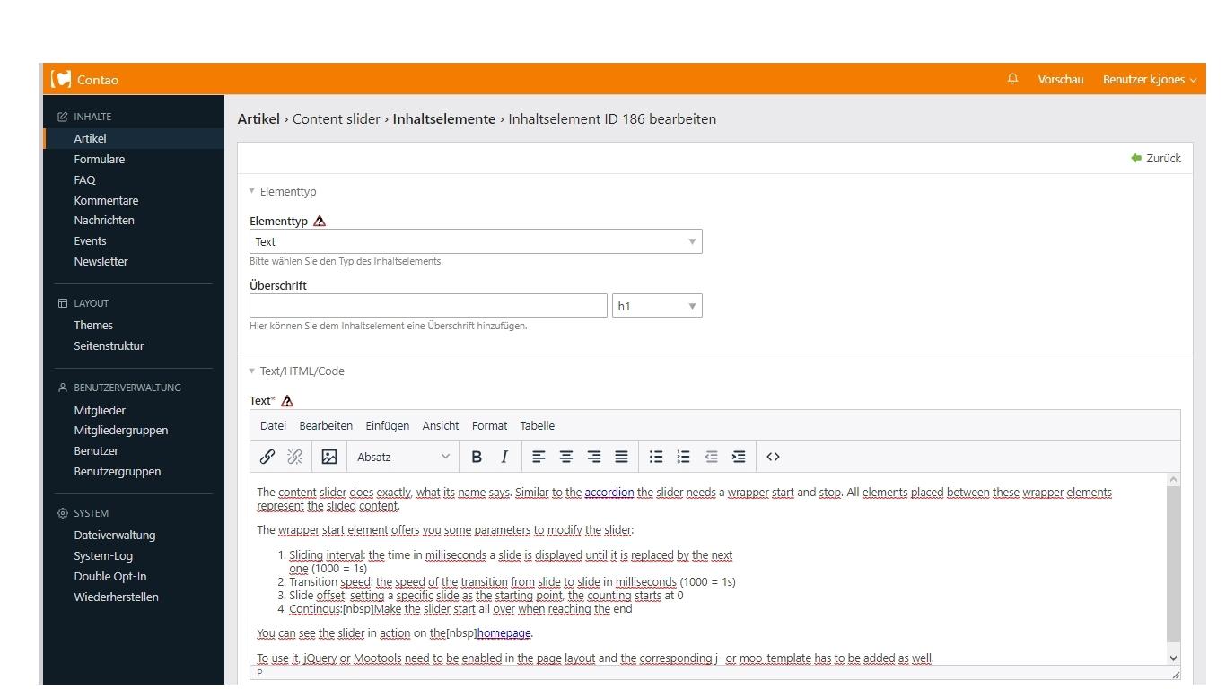 Bildschirmfoto des Contao Editors (Frontend)