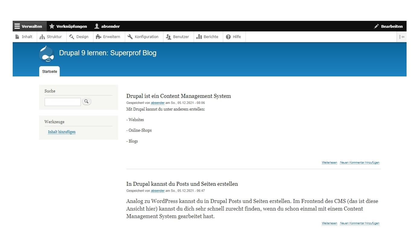 Bildschirmfoto aus dem Content Management System Drupal 9