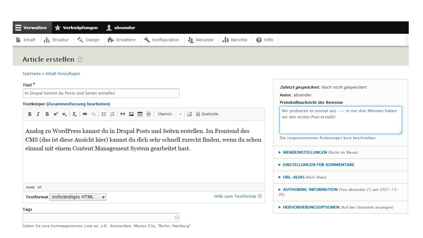 Bildschirmfoto des Drupal 9 Editors Frontend Artikelerstellung