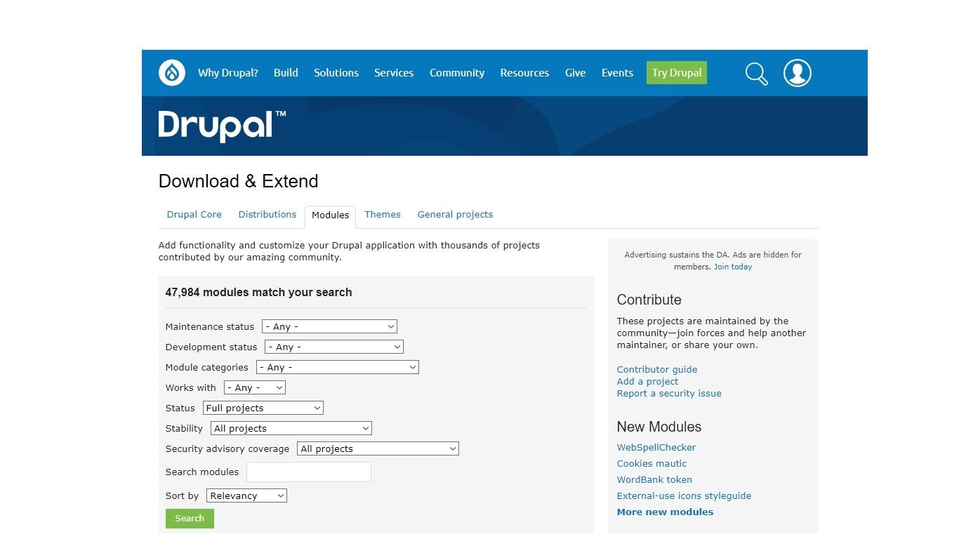 Screenshot Auswahl von zusätzlichen Modulen auf der Drupal Homepage