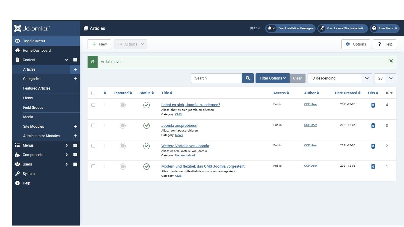 Bildschirmfoto des Joomla 4.0 Artikel Dashboards