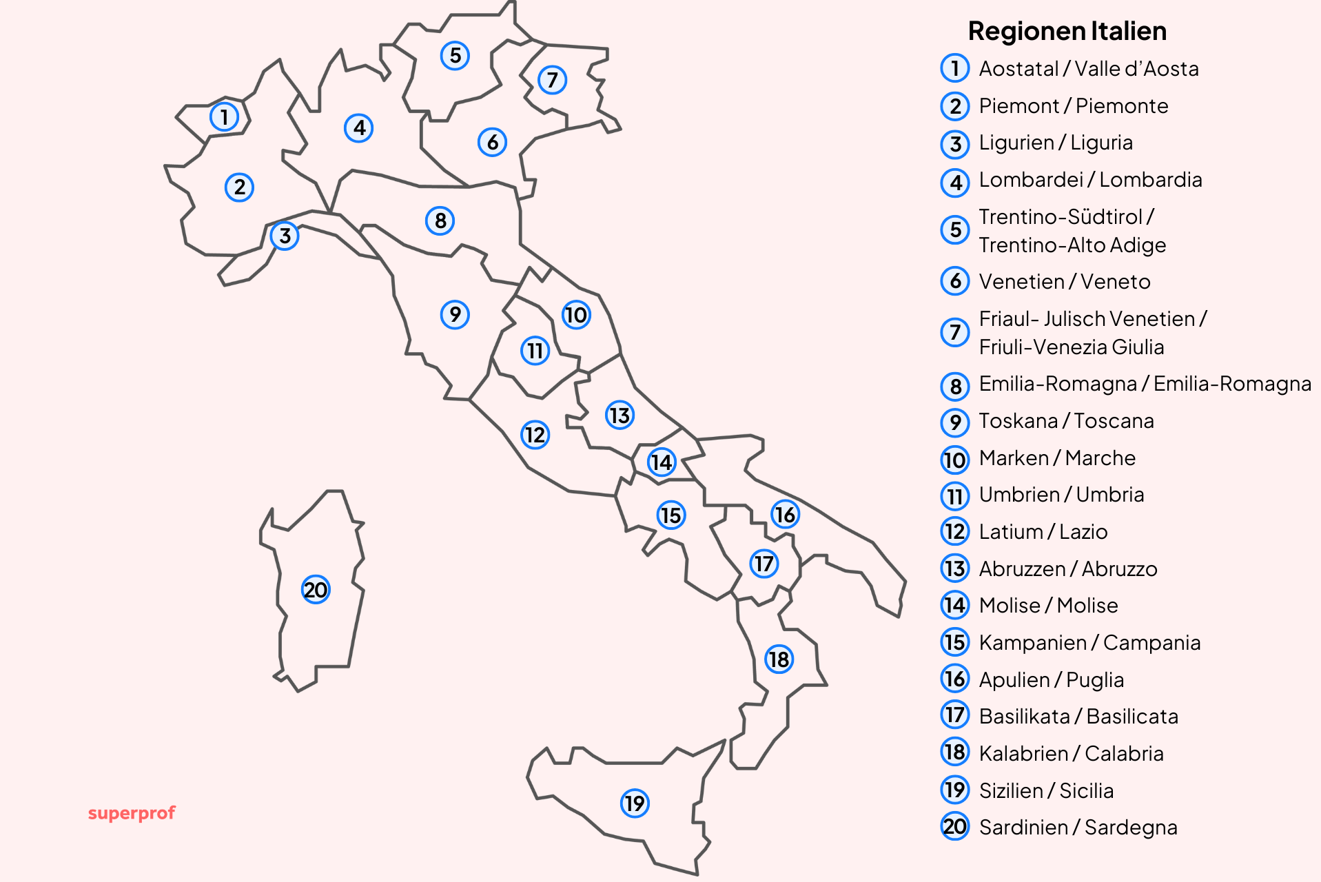 Landkarte Italiens mit allen Regionen