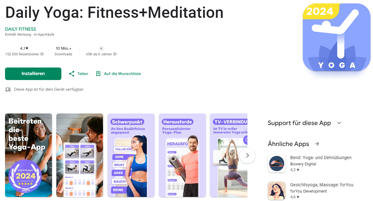 Screenshot der Daily Yoga App im Google Play Store