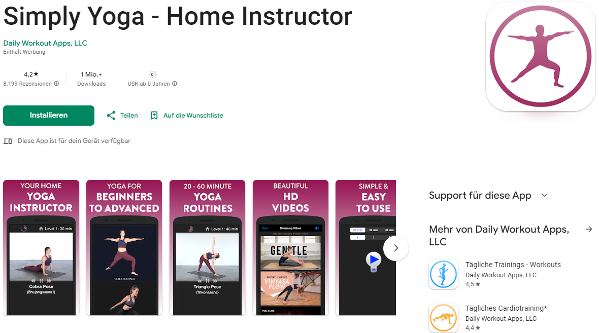 Screenshot der Simply Yoga App im Google Play Store