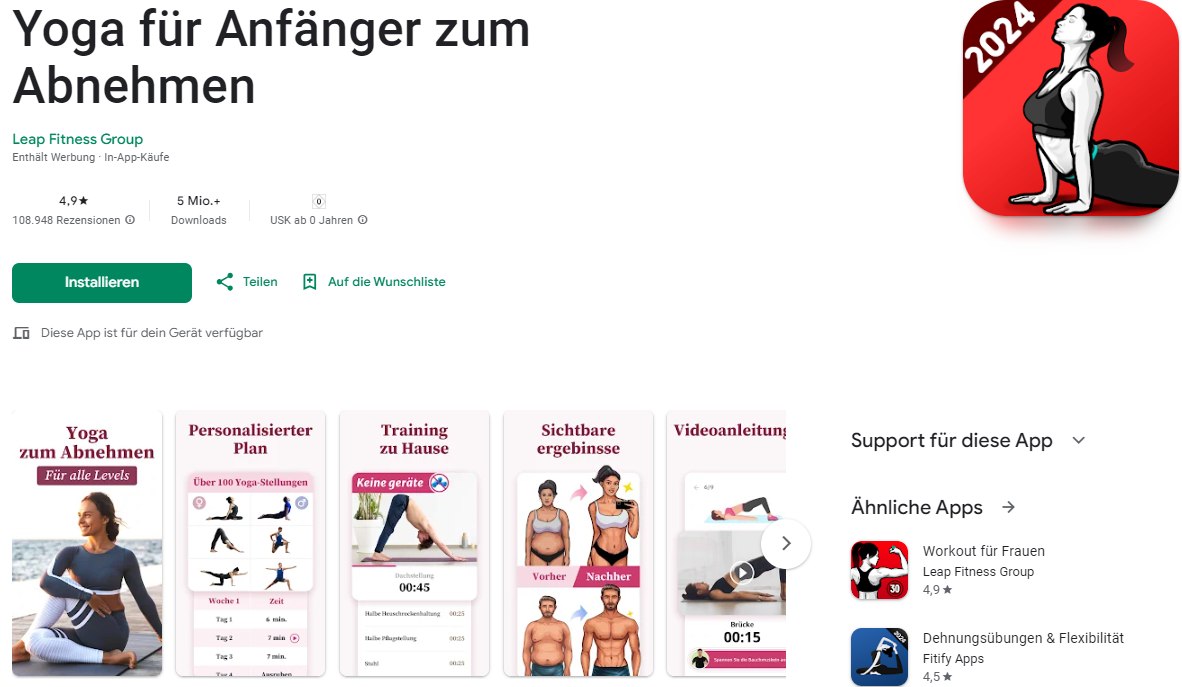 Yoga für Anfänger zum Abnehmen im Google Play Store