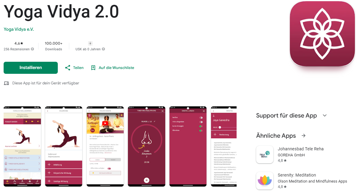 Screenshot der Yoga Vidya App im Google Play Store