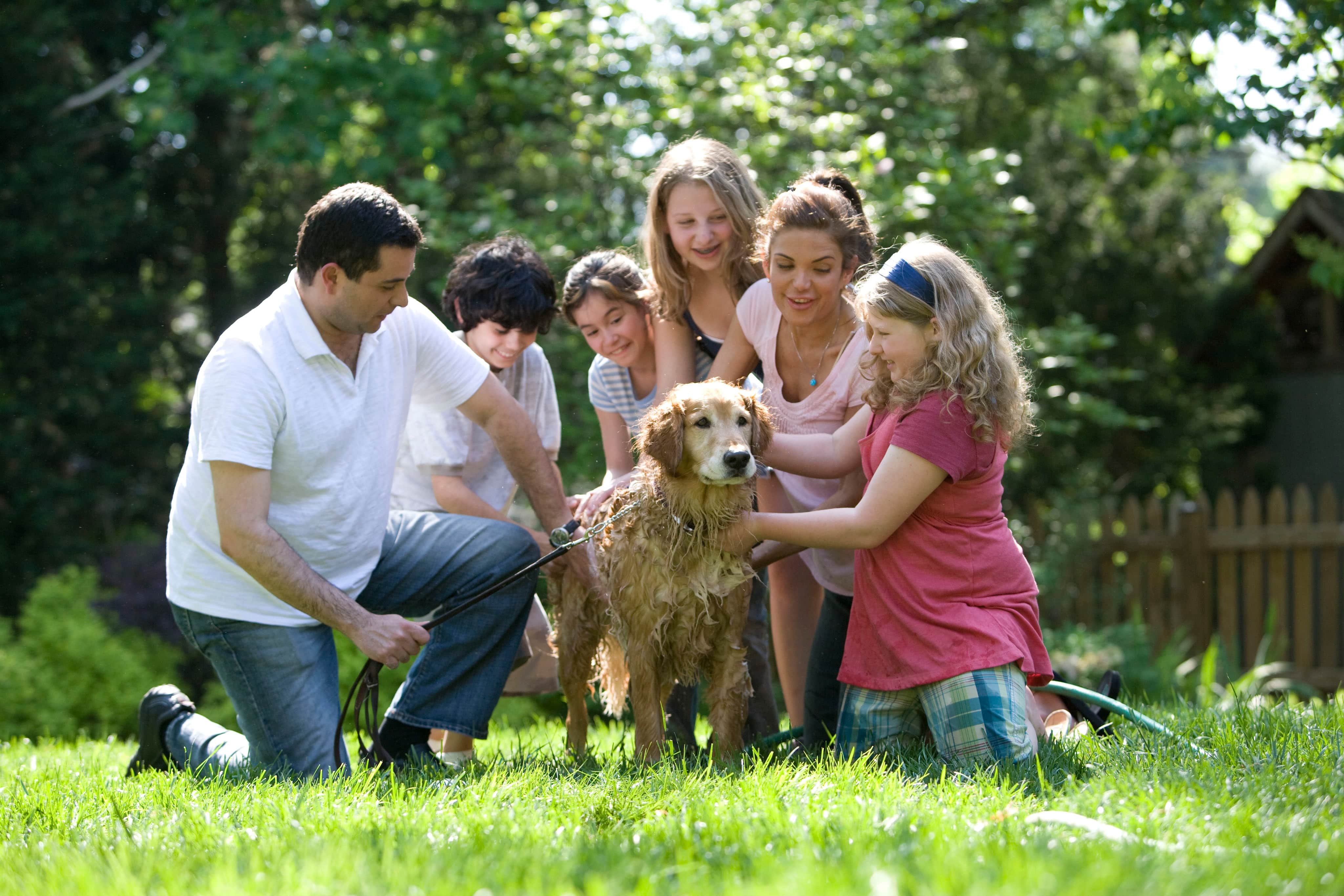 Zwei Erwachsene, vier Kinder und ein Hund sitzen gemeinsam auf dem Rasen. 