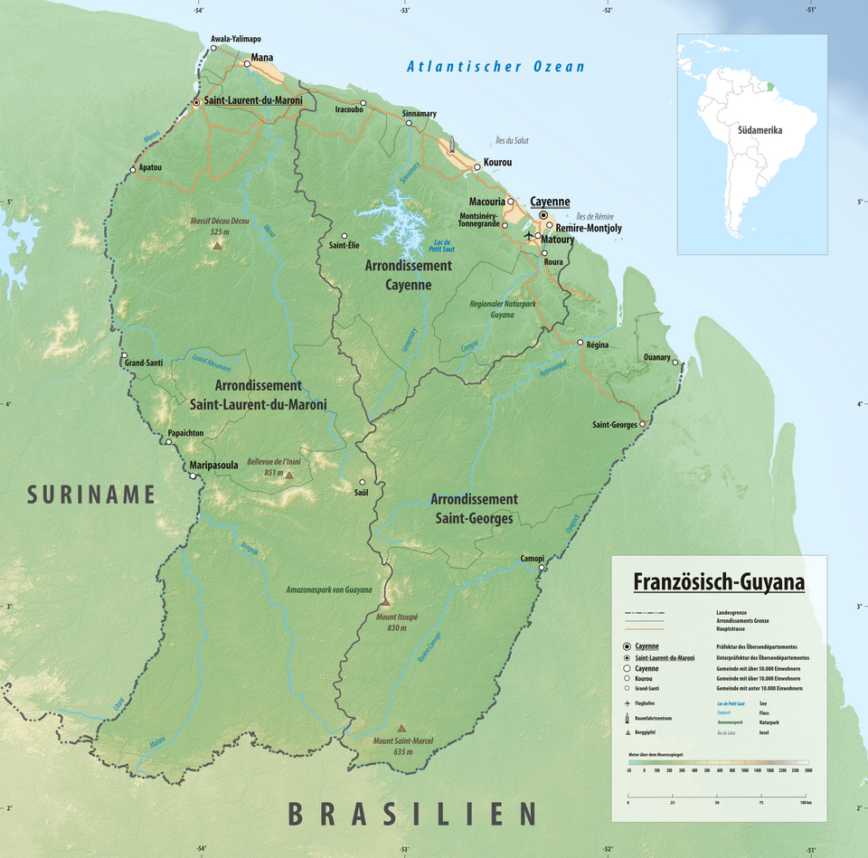 Reliefkarte von Französisch-Guayana