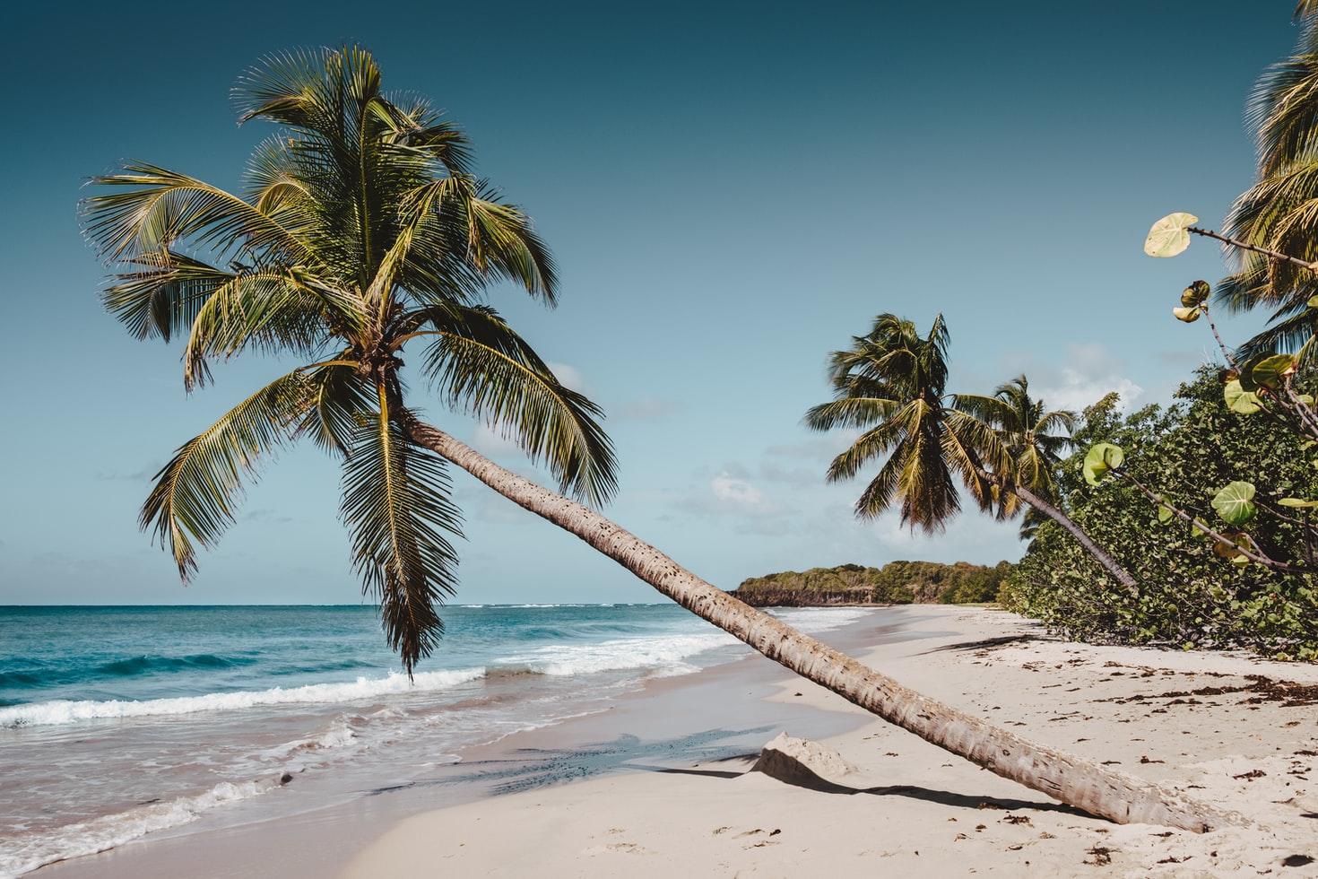 Ein weisser Sandstrand mit Meer und blauem Himmel.