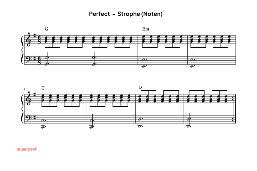 Die Noten für die Strophen von Perfect auf dem Klavier für Anfänger arrangiert.