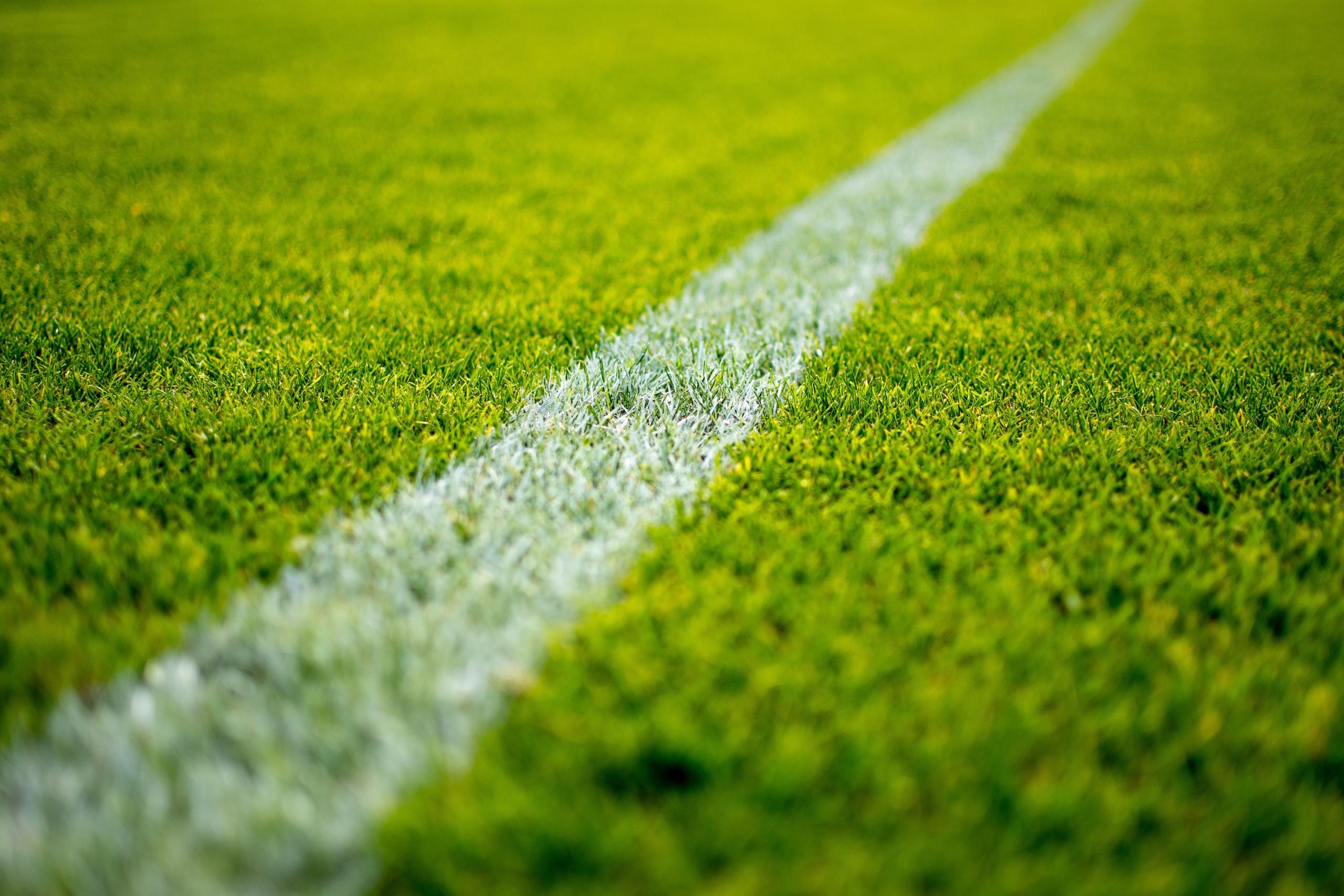 Eine weiße Linie auf einem Fußballfeld. Nach einem Derby zwischen dem 1. FC Köln und Borussia Mönchengladbach sieht das Feld mit Sicherheit nichtmehr so ordentlich aus wie hier.