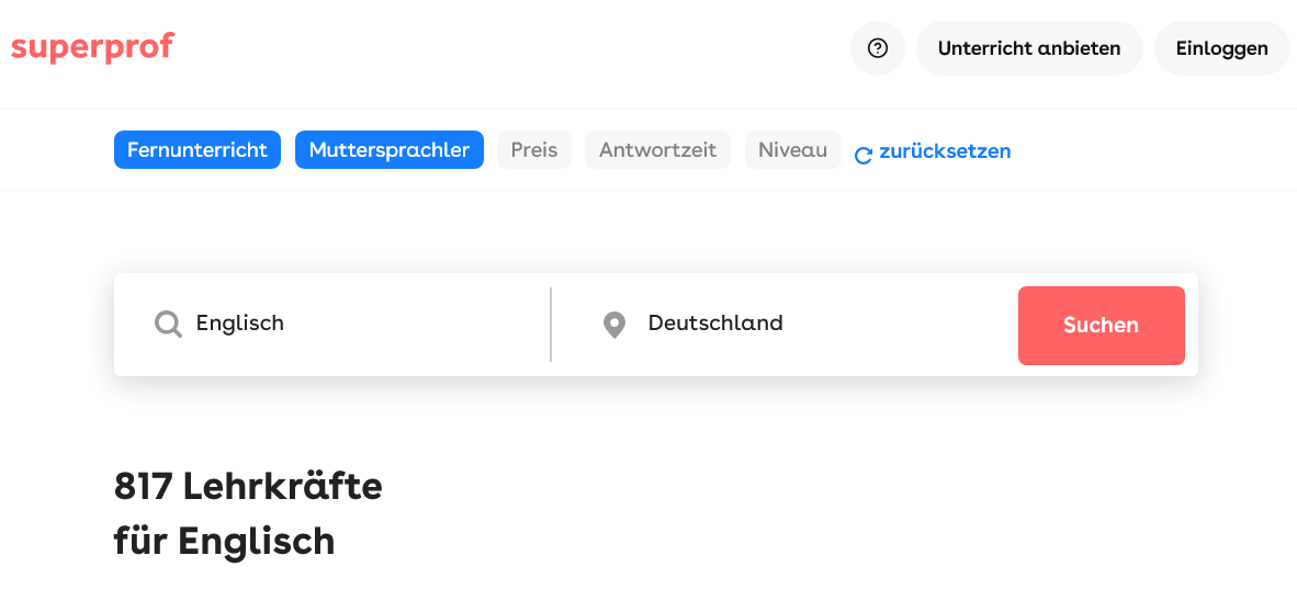 Oberhalb der Suchmaske von Superprof sind zwei Filter ausgewählt und sind deshalb blau eingefärbt.