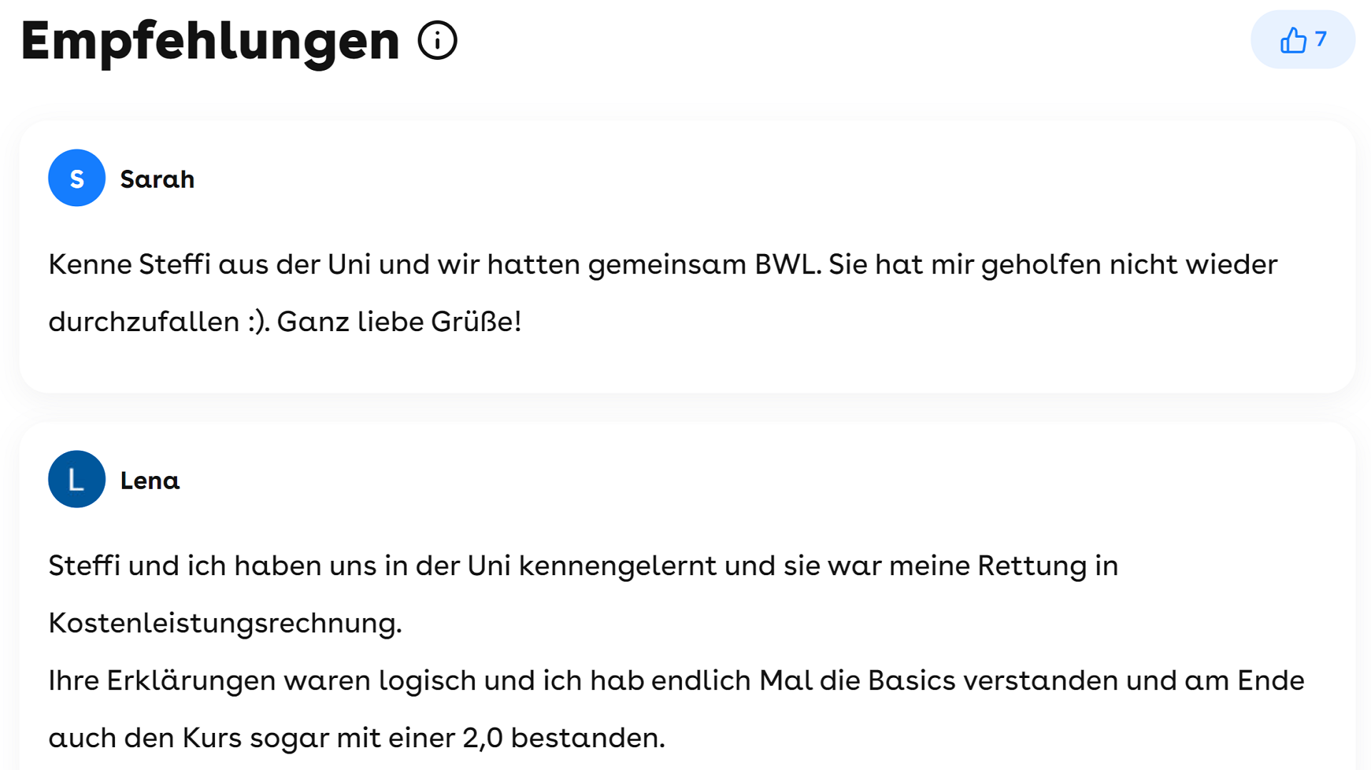 Zwei ehemalige Kommilitonen haben eine Empfehlung für eine Superprof-Lehrerin geschrieben.