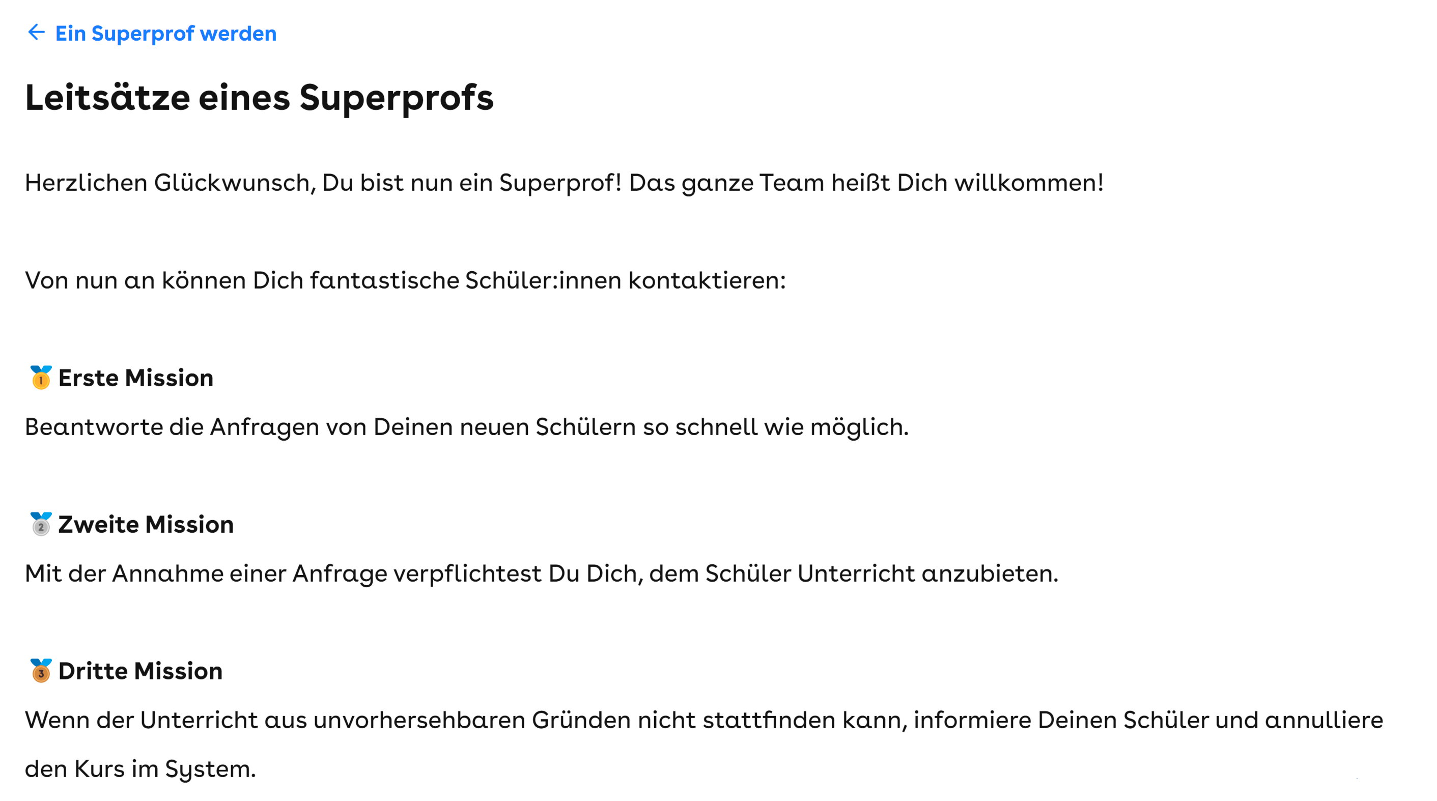 Die drei Leitsätze eines Superprofs sind klar formuliert unter einander aufgelistet.