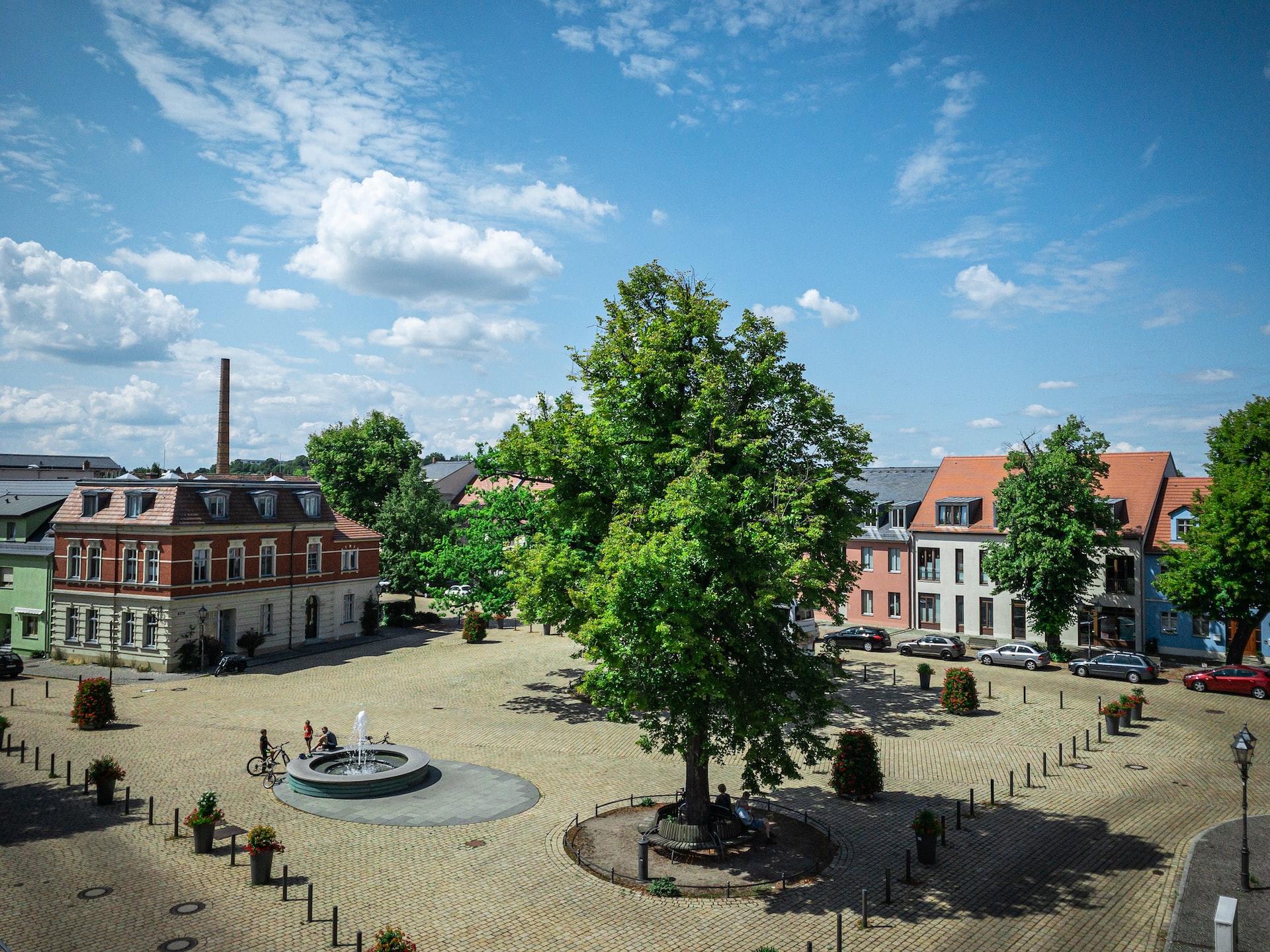 Auf einem Platz umgeben von Häusern steht ein Baum und Menschen steht an einem Brunnen.