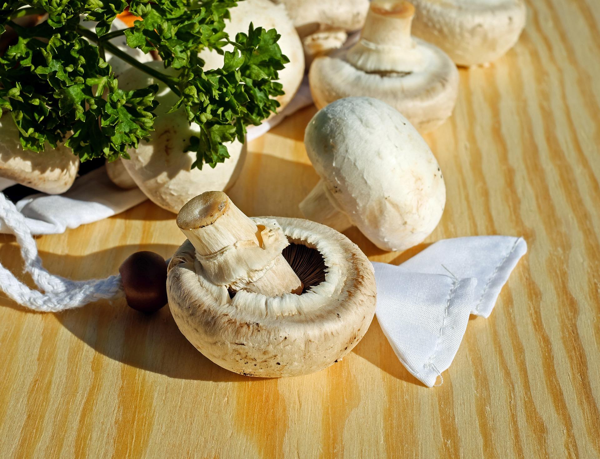 Champignons und Petersilie auf einem Holzbrett