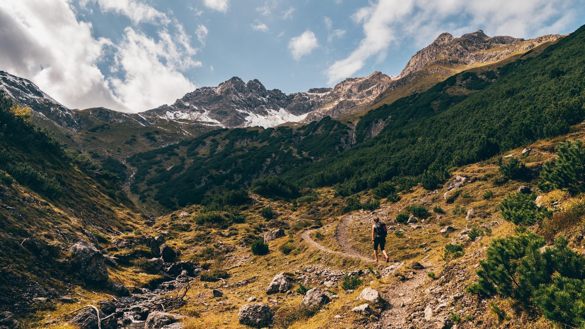 Eine Person von hinten auf einem schmalen Wanderweg in den österreichischen Alpen.