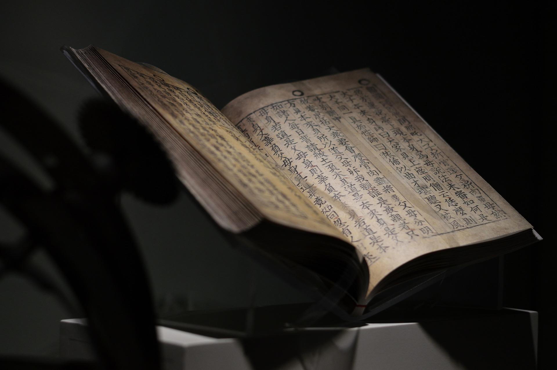 In einem aufgeschlagenen Buch stehen traditionelle chinesische Schriftzeichen.