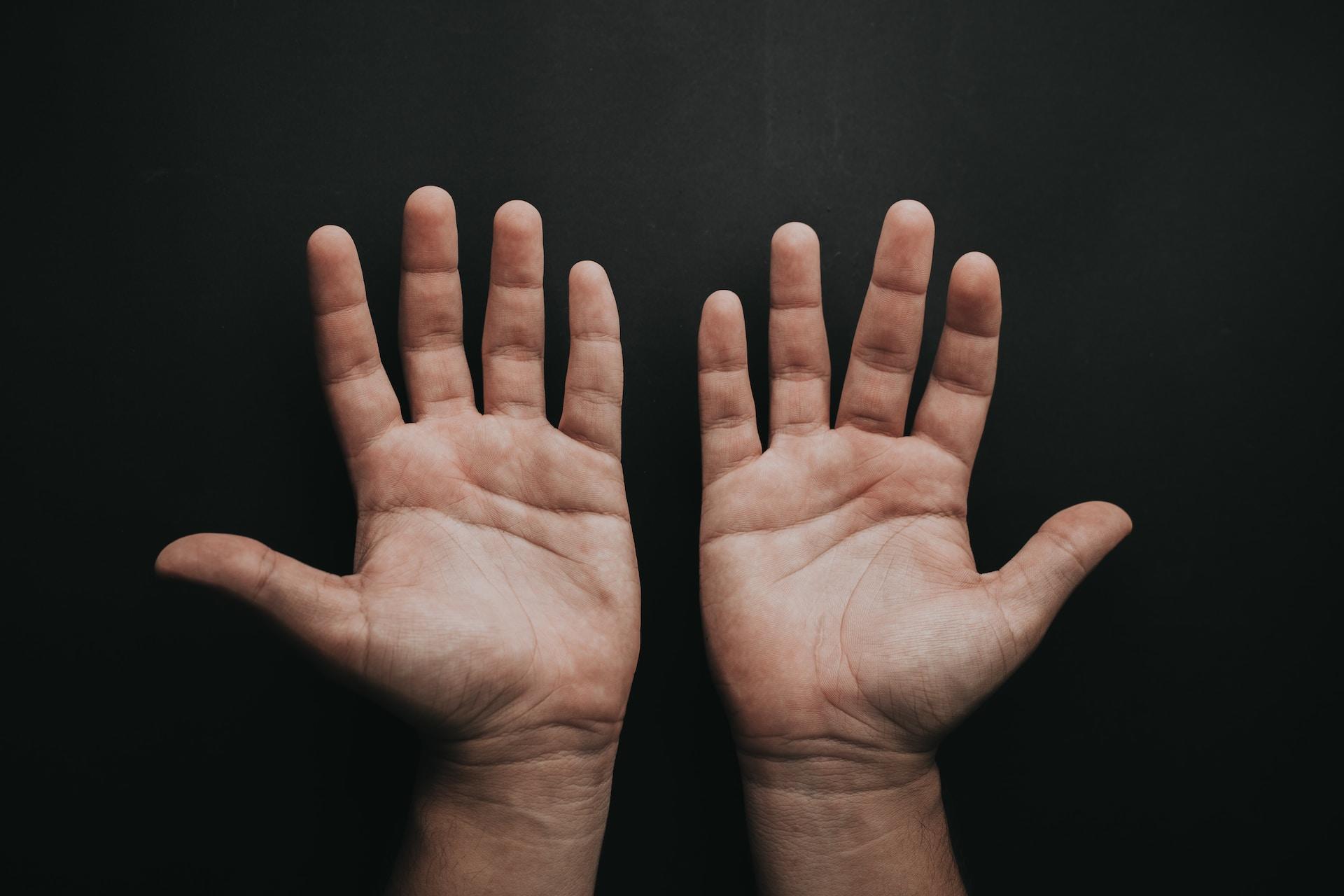 Zwei Hände sind mit geöffneten Handflächen und ausgestreckten Fingern der Kamera zugewandt.