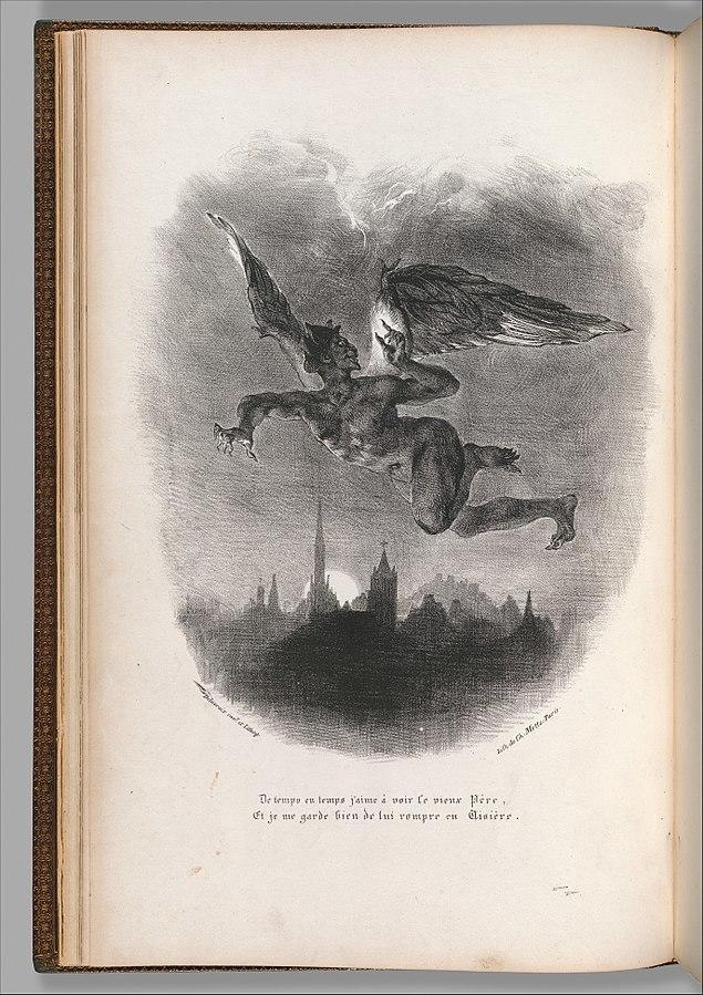 Eine Zeichnung in einem Buch zeigt eine Person mit Flügeln und Hörnern.